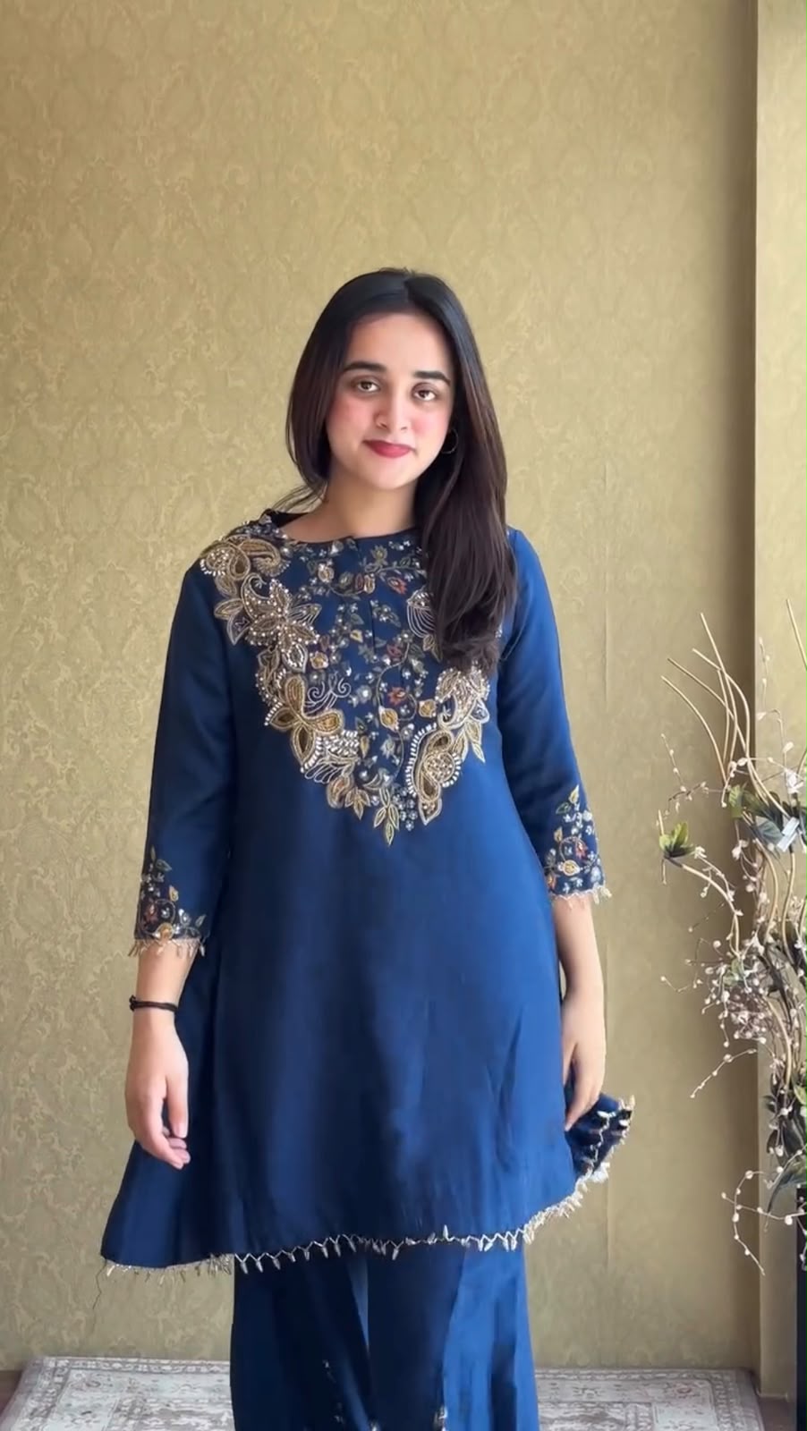 Zehra Luxe Malay Crepe Embroidered Kurti Palazzo Set
