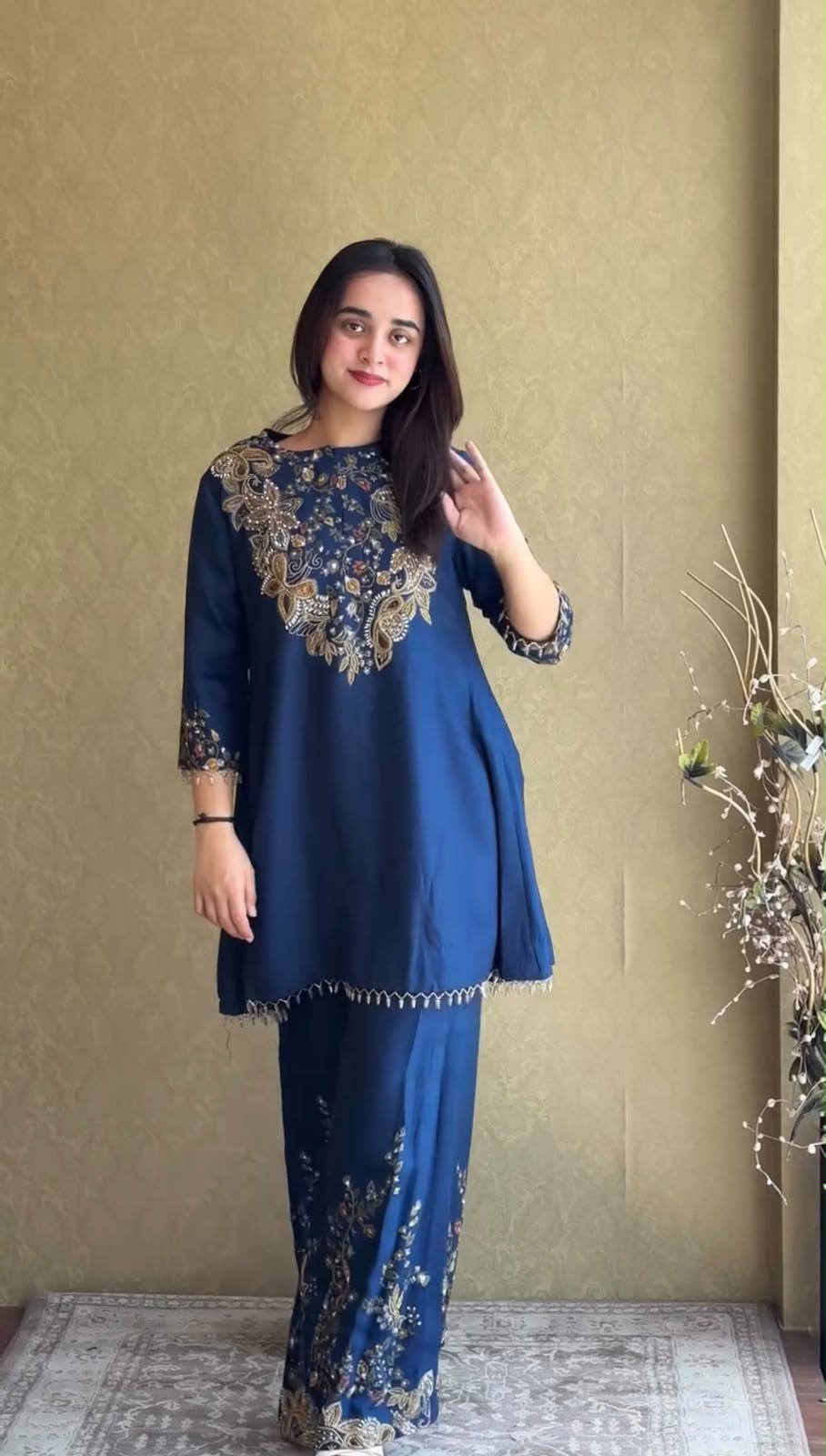 Zehra Luxe Malay Crepe Embroidered Kurti Palazzo Set