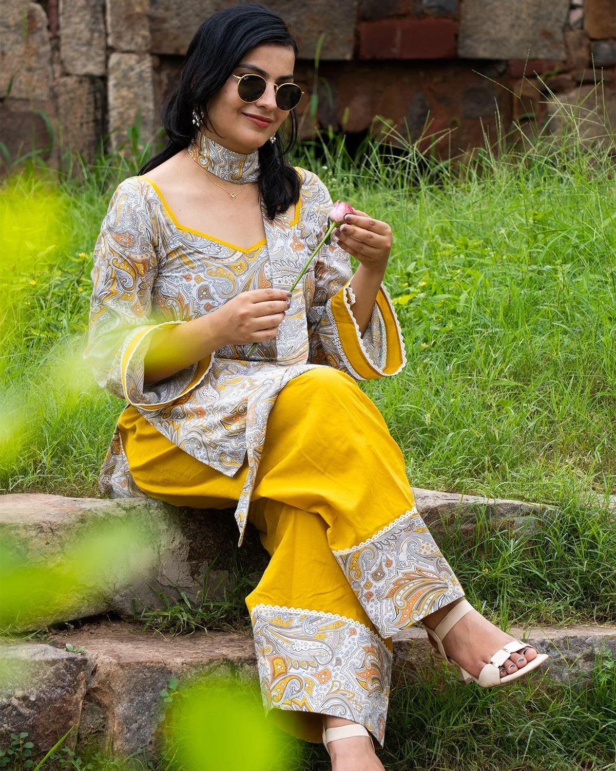Mustard Paisley Farshi Suit Set