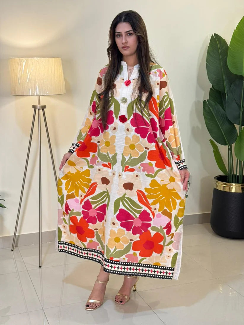 White Big Floral Long Shirt (STITCHED)