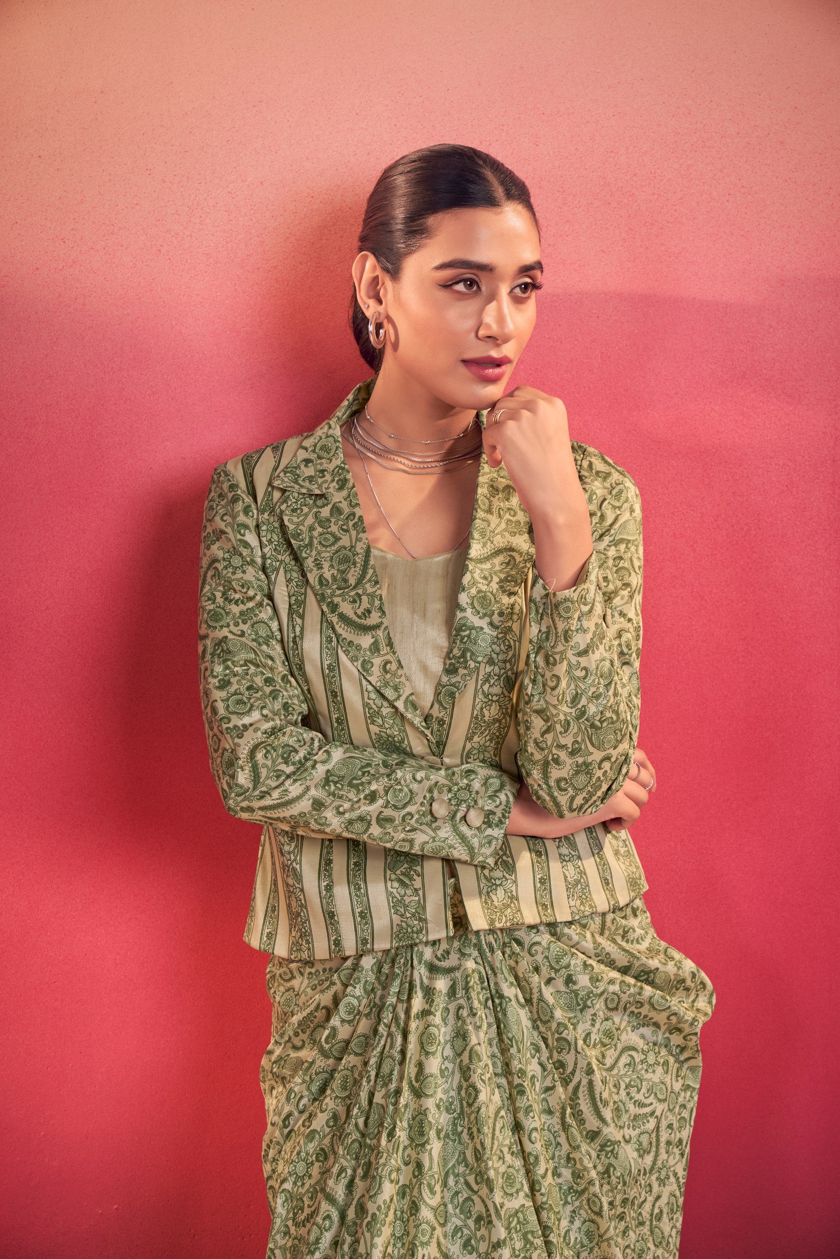 Indo-western drape co-ord set with jacket