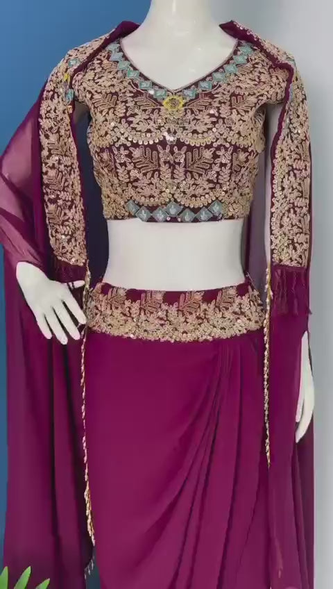 Royal Wine Embroidered Shrug Sarara Set