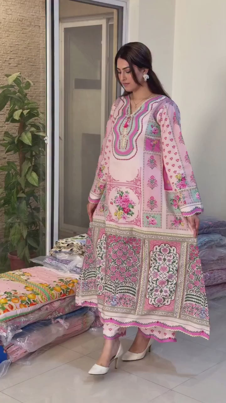 Pink Green Peach Long Shirt with Trouser