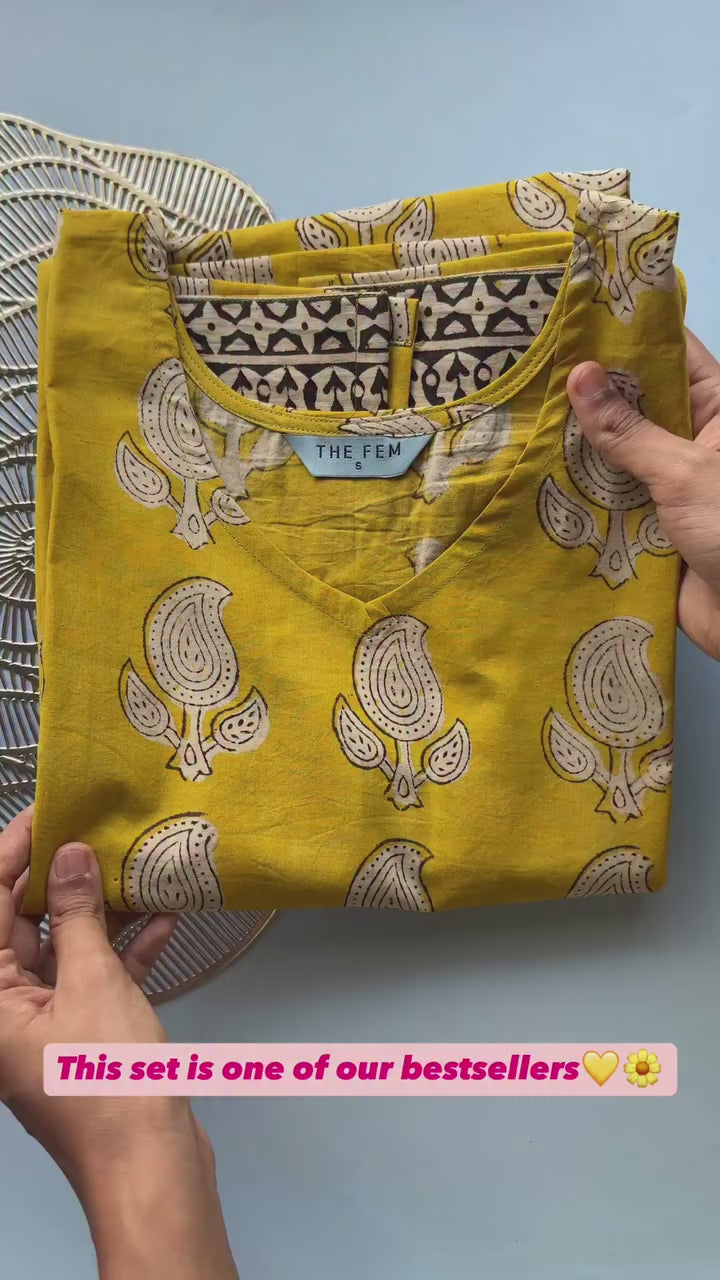 Yellow Handblock Cotton Kurti Set with Dupatta