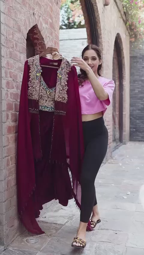 Royal Wine Embroidered Shrug Sarara Set