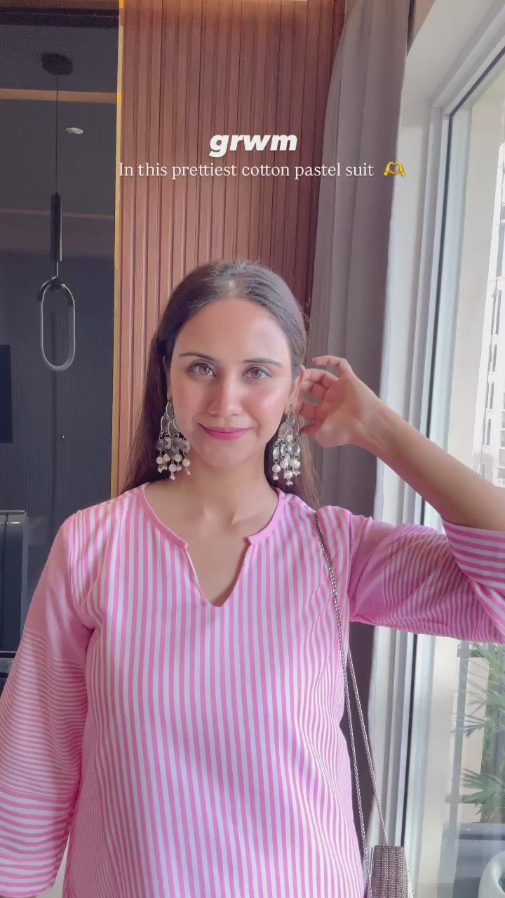 Pastel Pink Striped A-Line Kurta Set