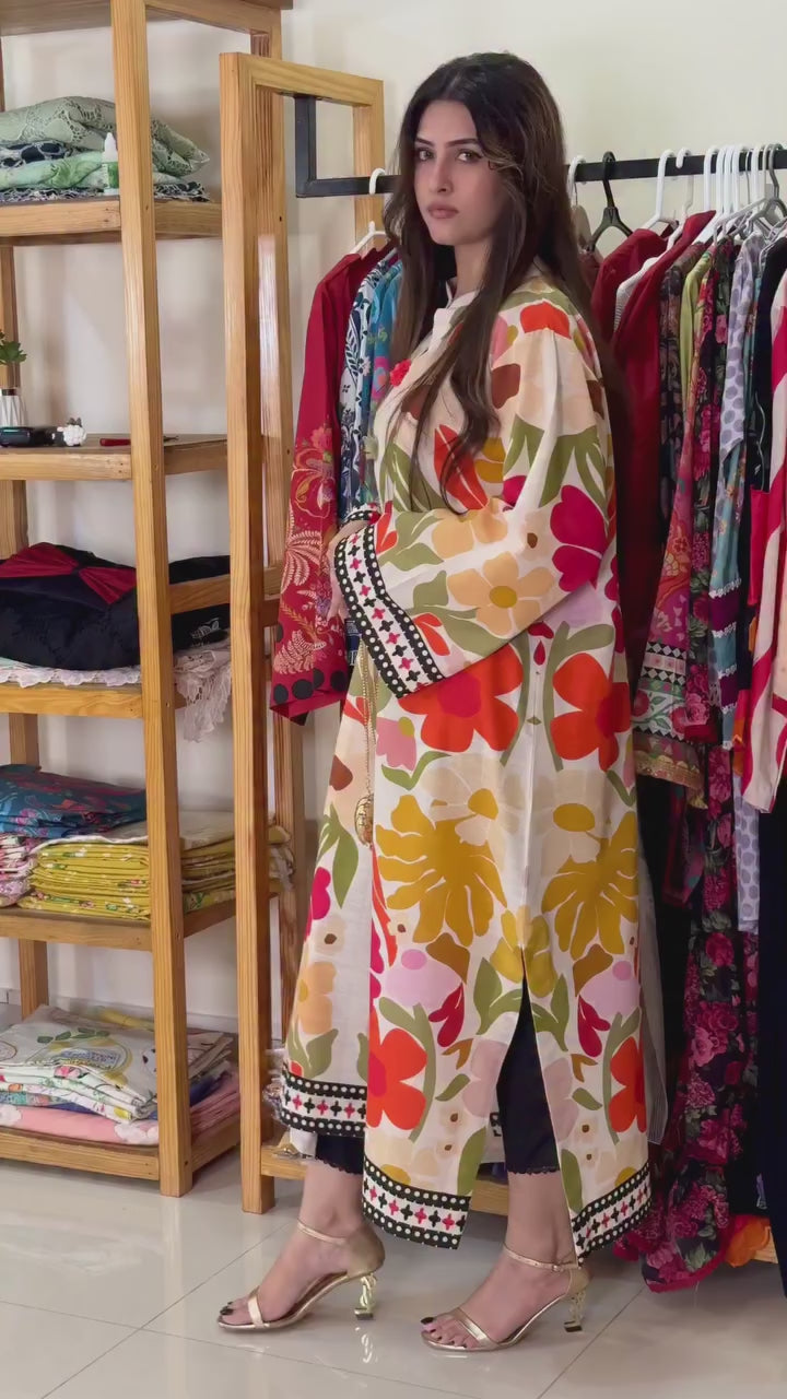 White Big Floral Long Shirt (STITCHED)