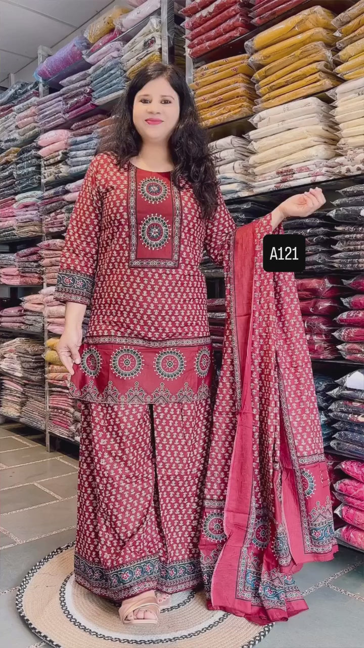 Maroon Short Kurti Palazzo Pant & Dupatta Set