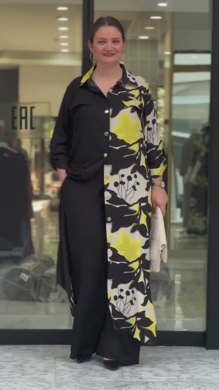 Ziva Black & Yellow Abstract Co-Ord Set